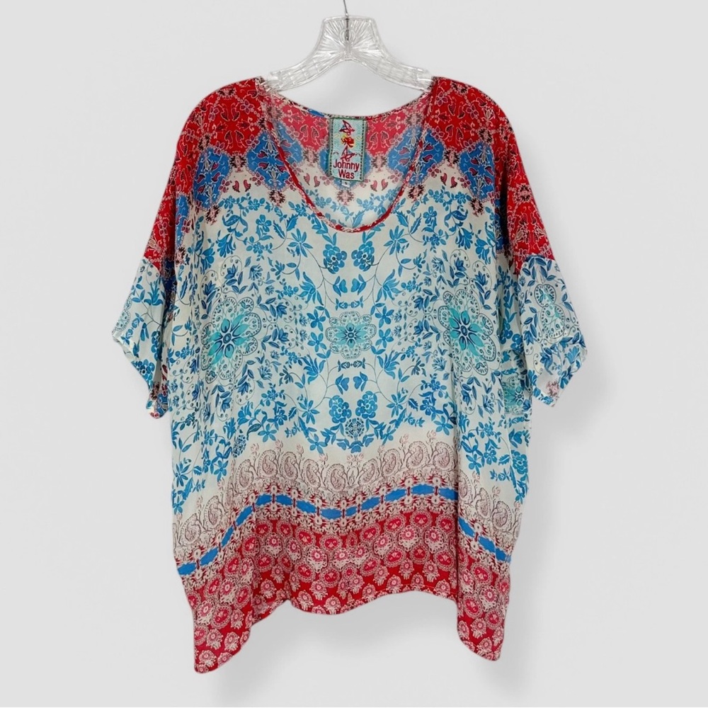 Johnny Was Red White & Blue Cupra Floral Short Sleeve Tunic Size Small Casual
